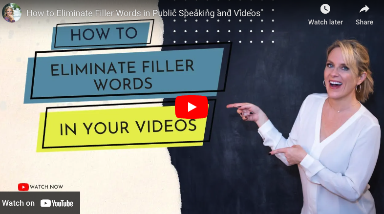 A screenshot of a video still, with a blonde woman pointing to a title reading "How to Eliminate Filler Words In Your Videos"