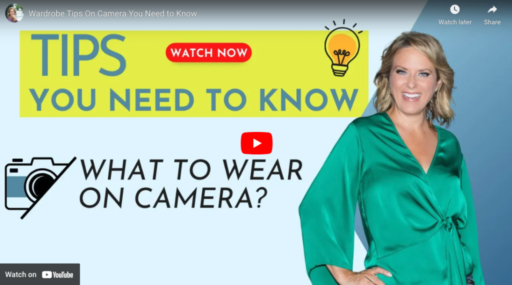 A screenshot of a youtube video, featuring Kerry Barrett and the words "Tips you need to know: what to wear on camera?"